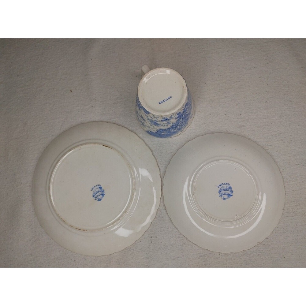 Antique Burgess &‎ Leigh Burslem Cup, Saucer & Plate, 1906-12, Blue Floral Swirl - Picture 6 of 9